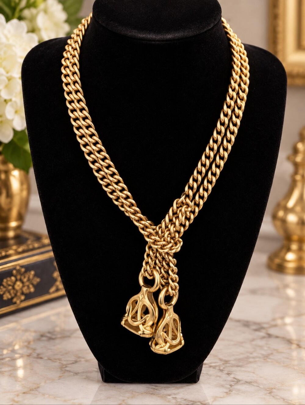 ✨ Vintage Gold-Tone Double Chain Lariat Necklace with Ornate Drop Pendants